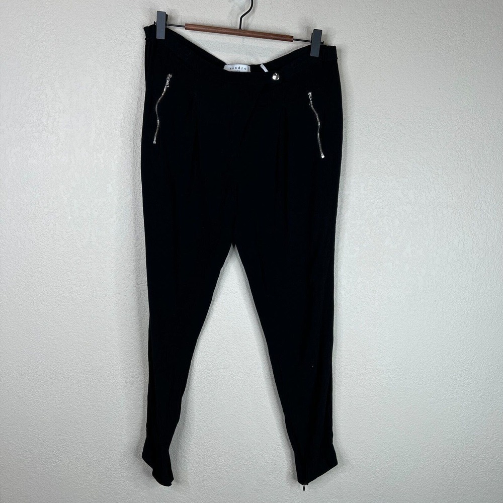 Sandro Paris Black Polina Trouser Pants Crepe Ankle Zip‎ Pleated Womens Size 38